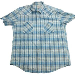 Lucky Brand Men's Blue Plaid Pearl Snap Short Sleeve Western Shirt Size Large